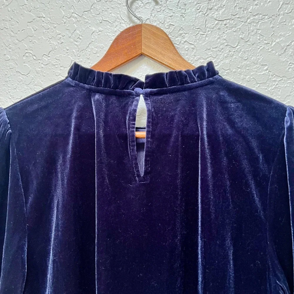 Boden Navy Blue Velvet Ruffle Neck Long Sleeve Top Blouse US 12 Luxe Festive